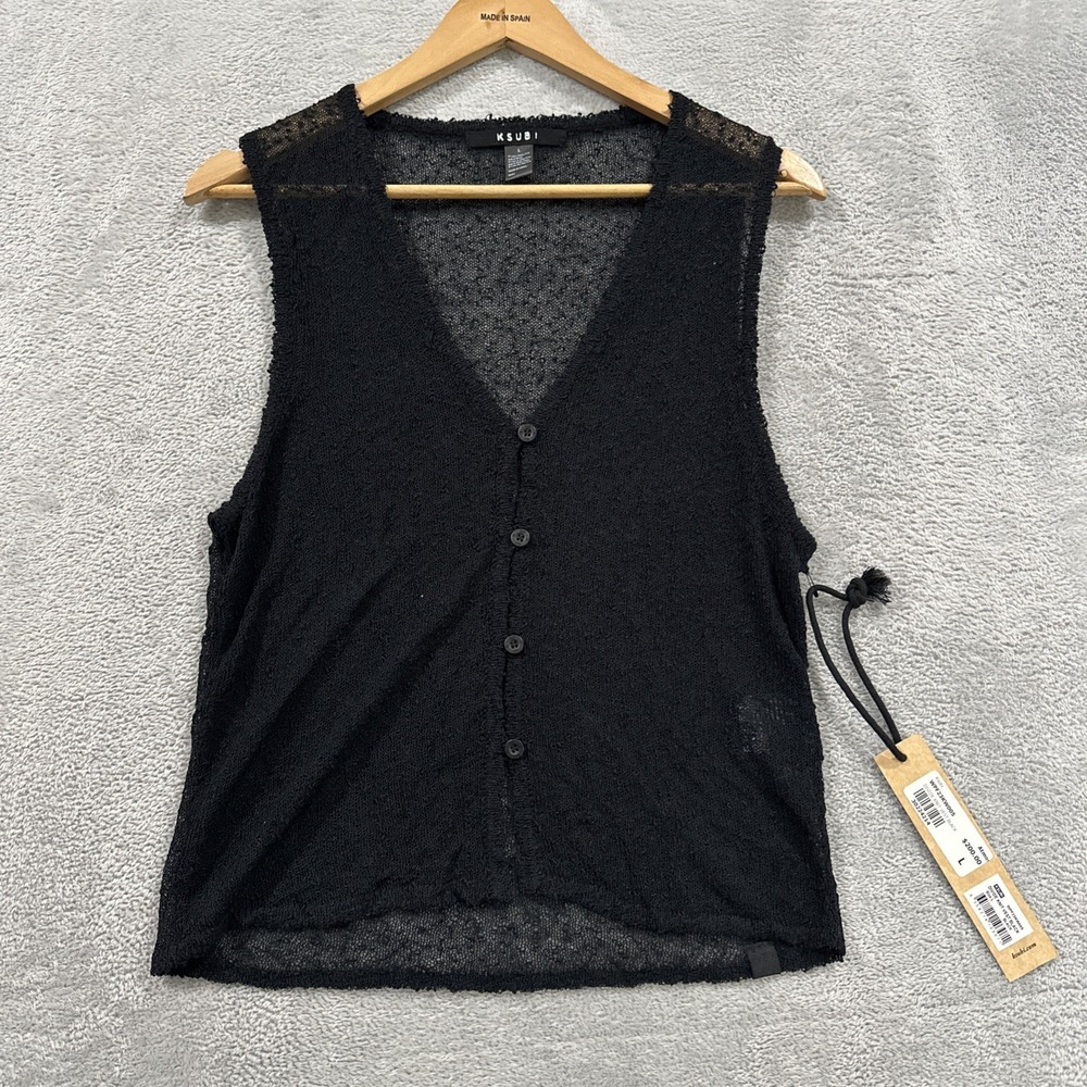 NWT KSUBI Divide Knit Vest Button Cardigan Top Women L Black Boho Grunge